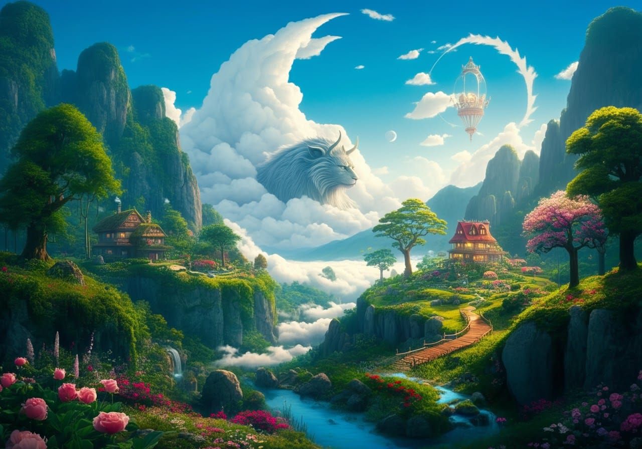 Whimsical Cloud Paradise with Mythical Beast
