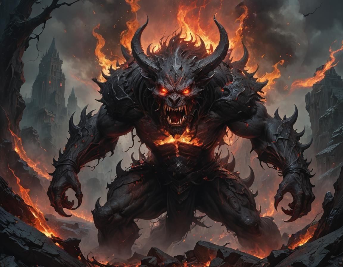 Epic Fiery Demon with Glowing Eyes, Detailed Painting