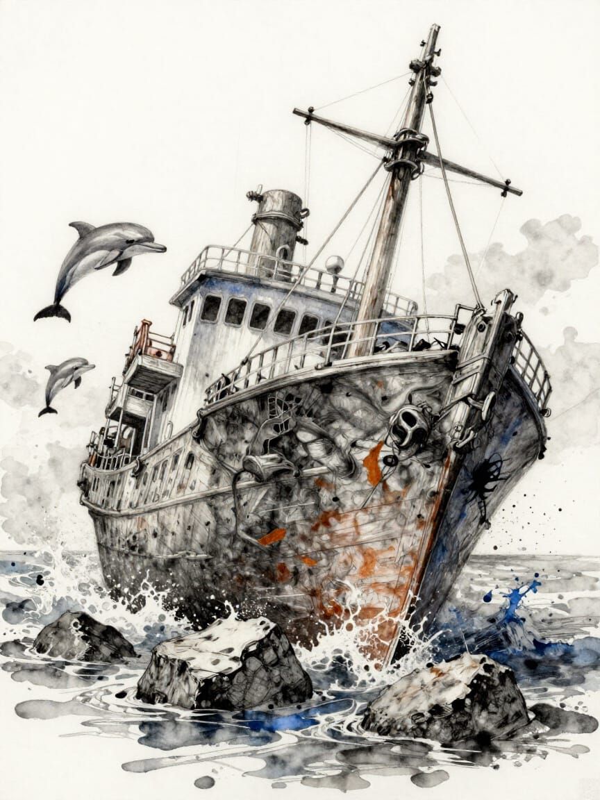 Shipwreck on Jagged Rocks with Dolphins, Stylized Expression...