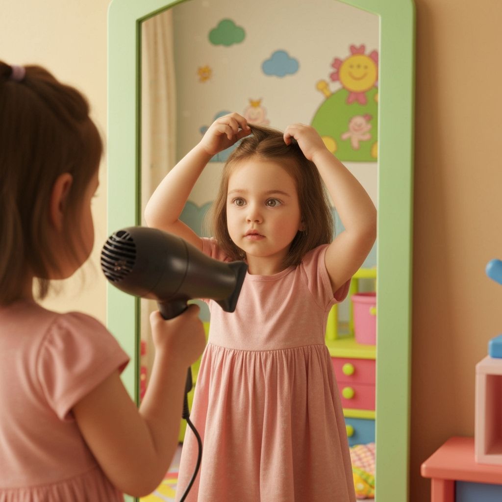 Realistic Girl with Hairdryer in Sunny Children's Room