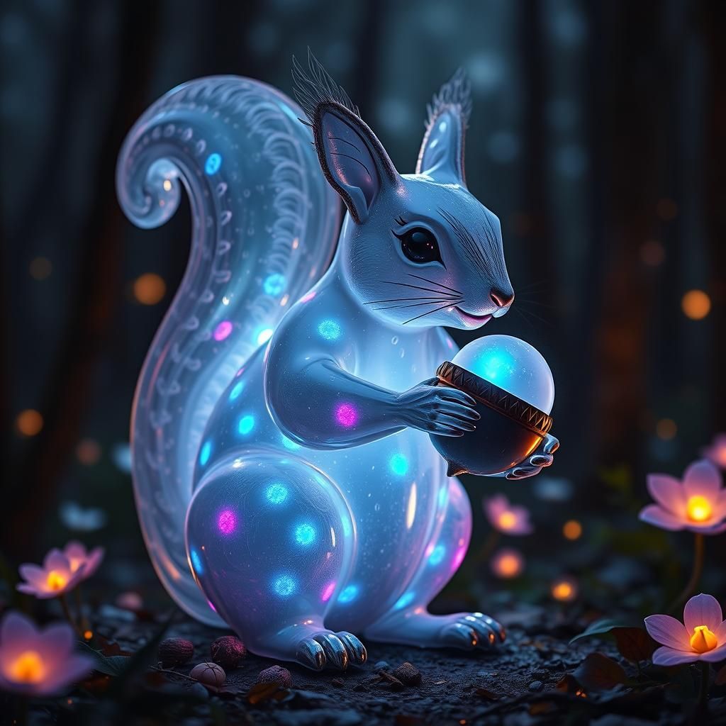 Glowing Glass Squirrel Sculpture in Enchanted Forest