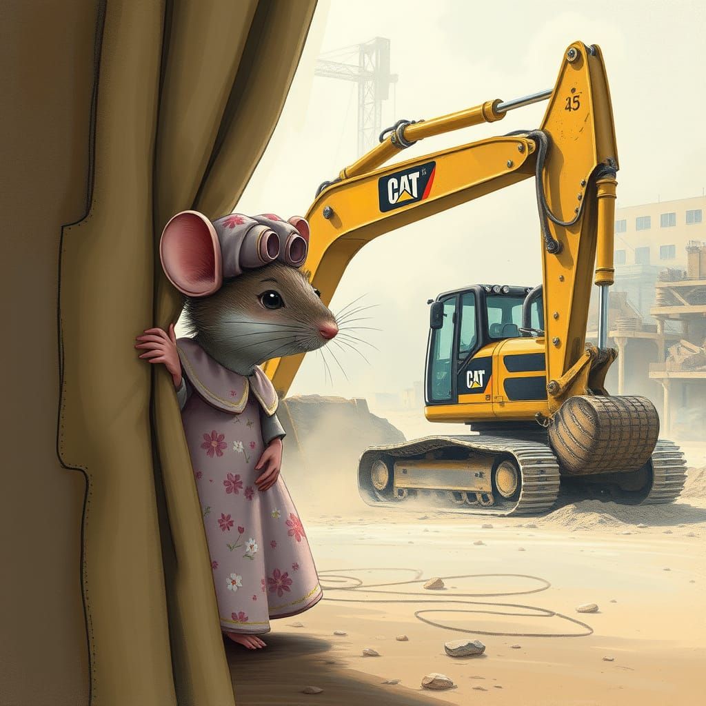 Mouse and Excavator: Whimsical Industrial Scene