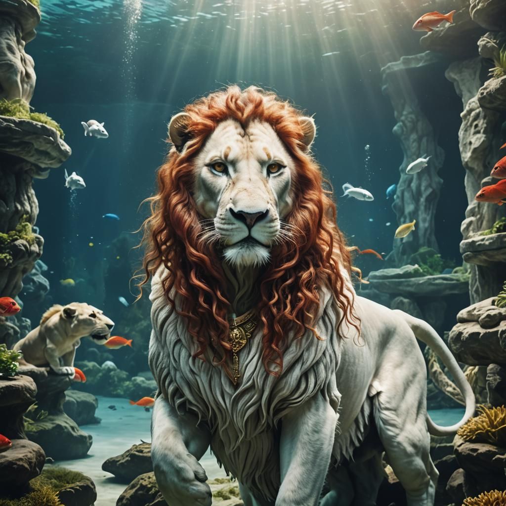 Saint Woman Rides Lion in Underwater Paradise