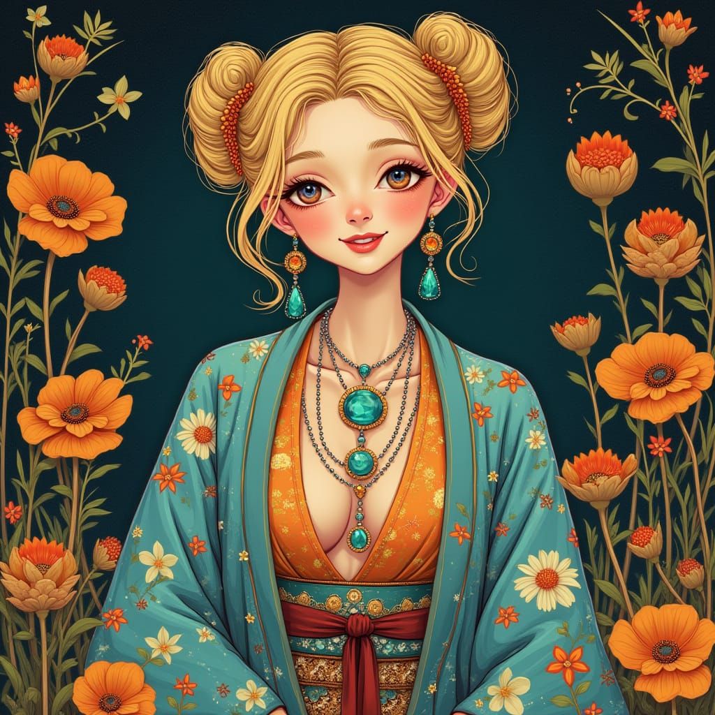 Elegant Woman in Ornate Kimono with Turquoise Jewelry