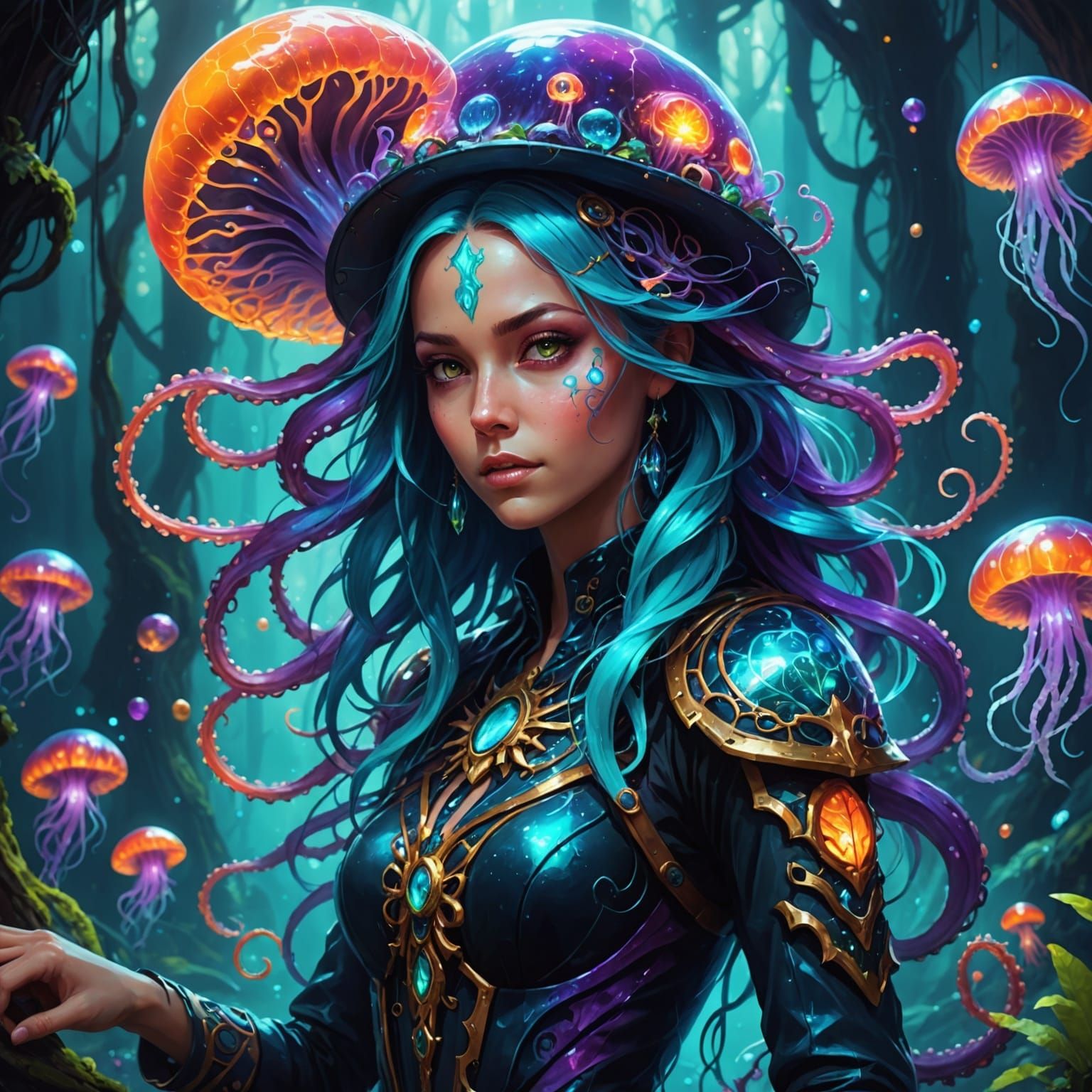 Glowing Neon Galactic Rebel Jellyfish Octopus in Vibrant Rai...