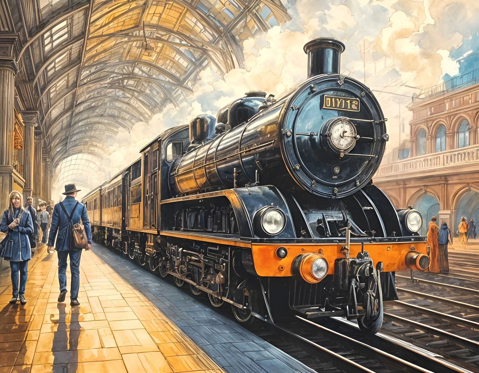 Opulent Train Station in Colored Pencil Style