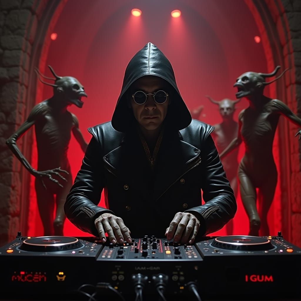 Cyberpunk DJ in Dark, Futuristic Catacombs