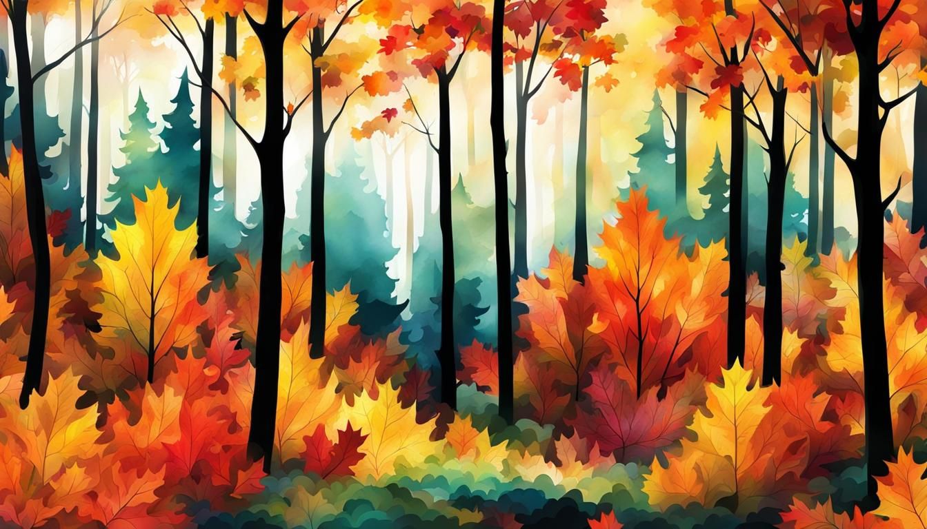 Autumn Forest Scene in Abstract Watercolor Style