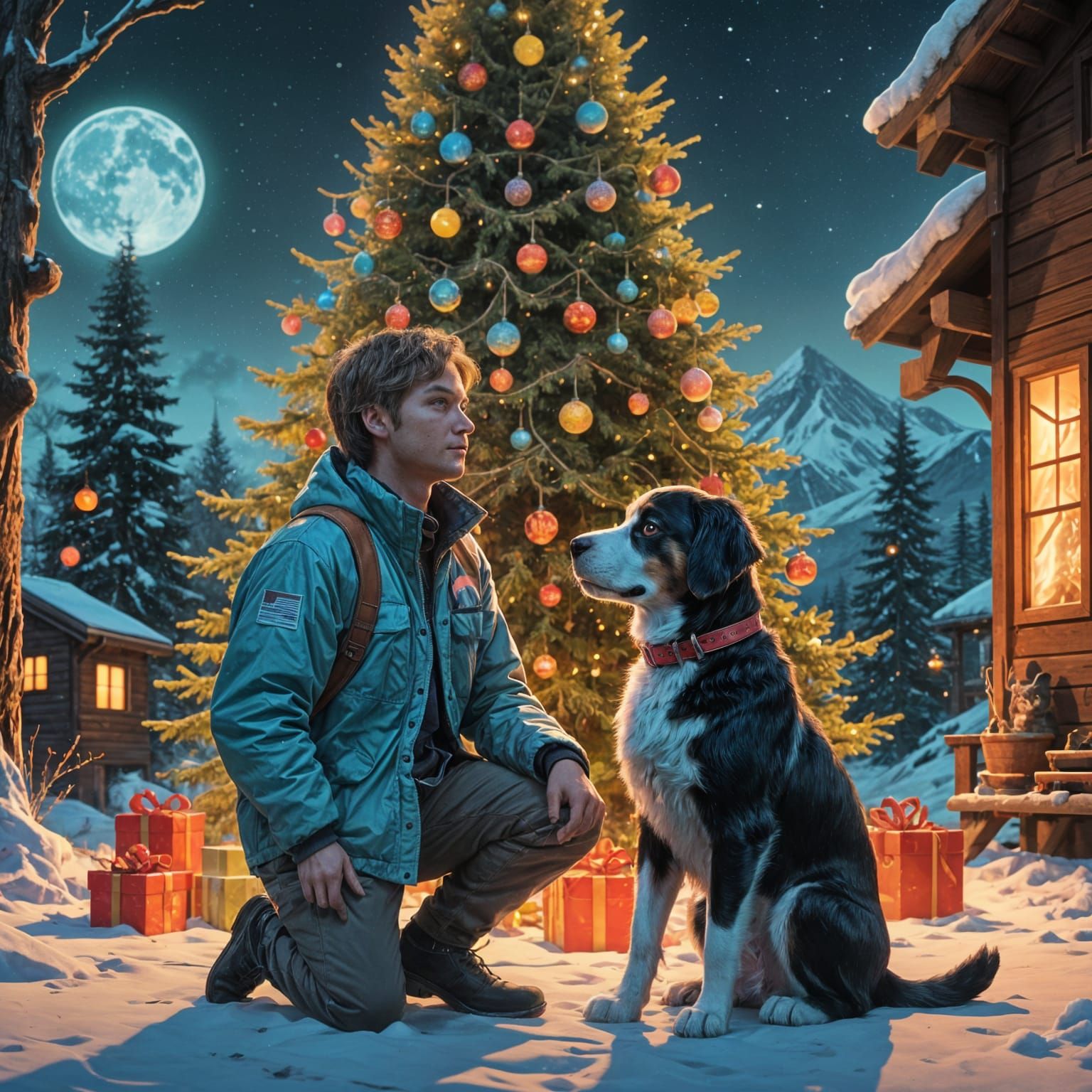 Christmas Family Gathered Around a Cozy Fire and Tree in Vib...