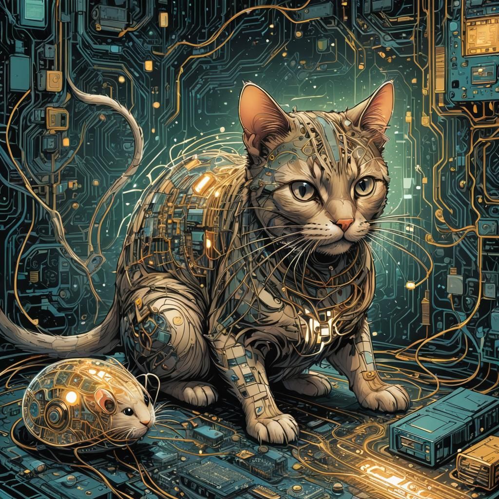 Circuitry Cat and Mouse Comic Book Illustration