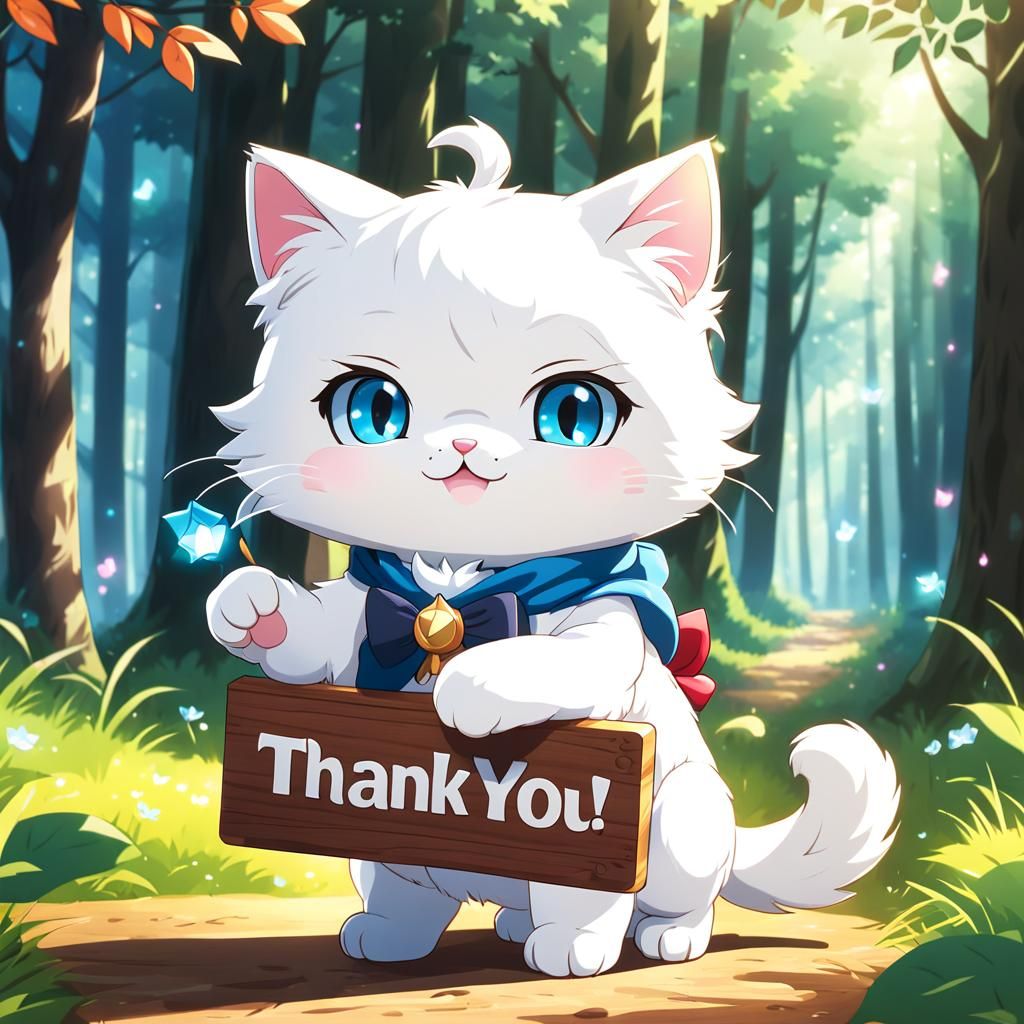Cute Chibi Cat Holds Thank You Sign in Anime Style