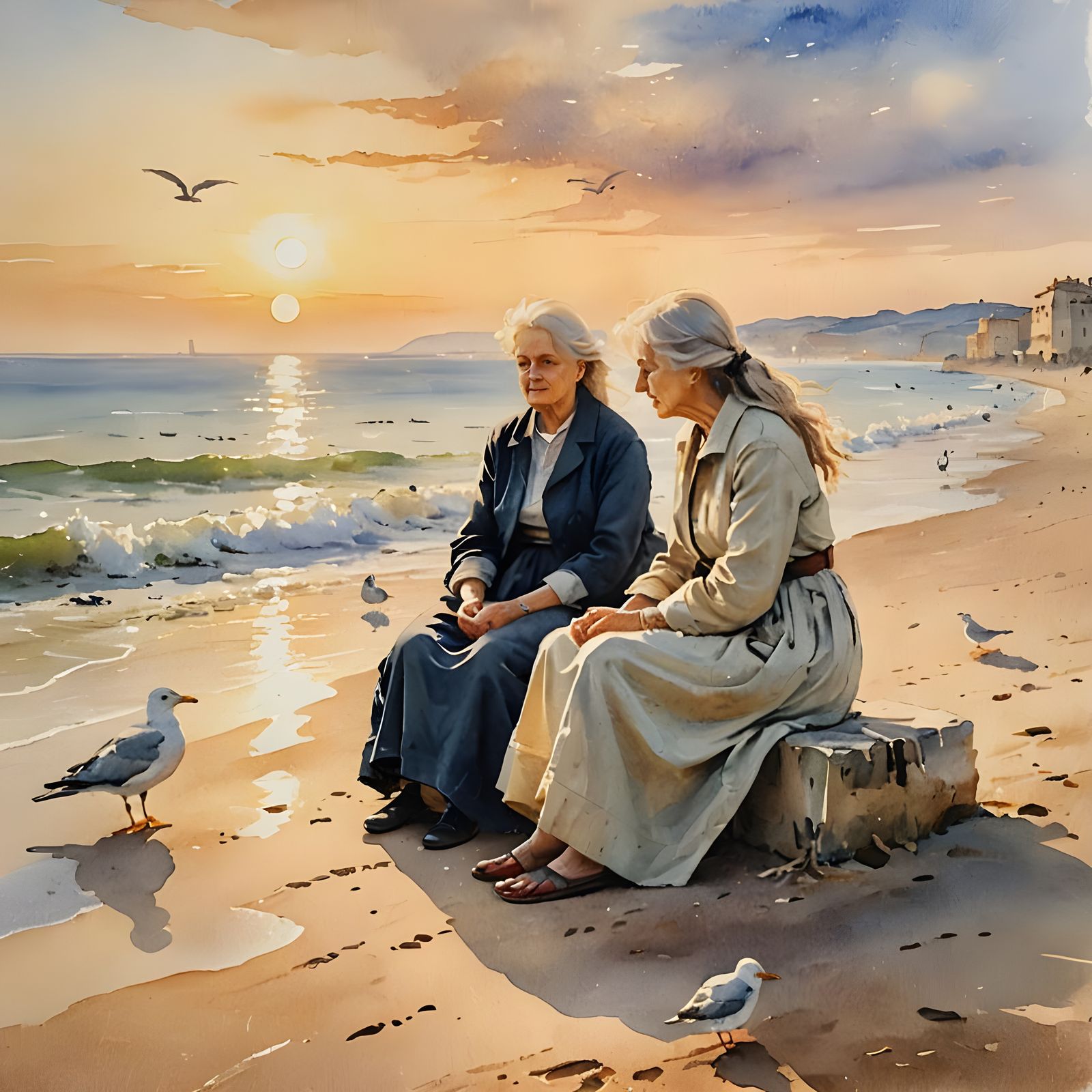 Girl and Grandmother at Sunrise on Beach