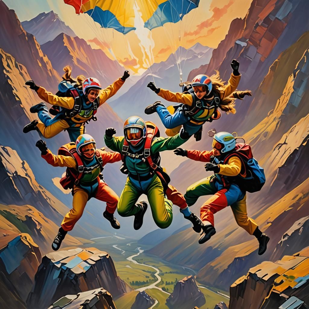 Women Skydiving Above Rocky Mountains, Oil Painting