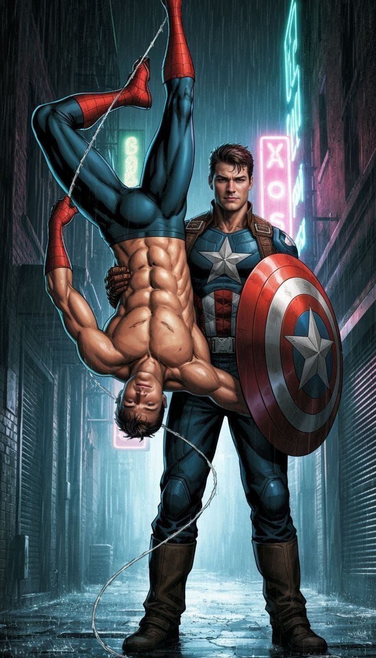 Shirtless Superheroes Embrace in Pouring Rain