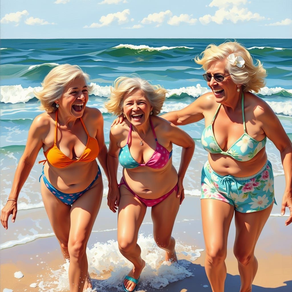 Three Happy Grandmothers Soak Up Whimsical Beachside Fun