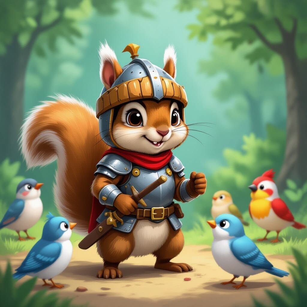 Squirrel Knight in Armor Faces Surprised Birds