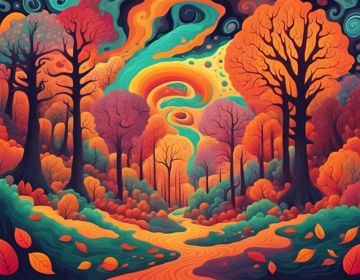 Psychedelic Autumn Forest Landscape in Storybook Style
