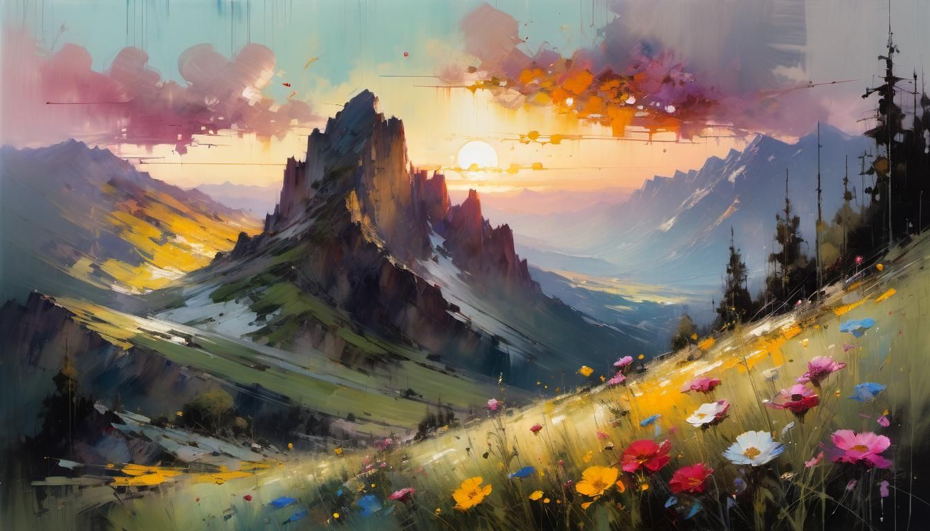 Picturesque Mountain Meadow Sunset in Fine Art Style
