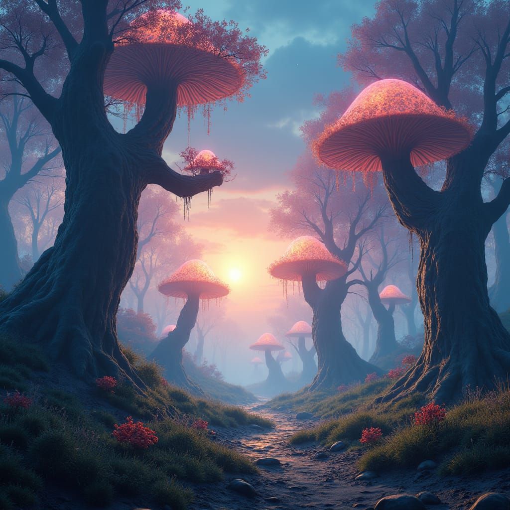 Mystical Landscape with Glowing Mushrooms, as Matte Painting