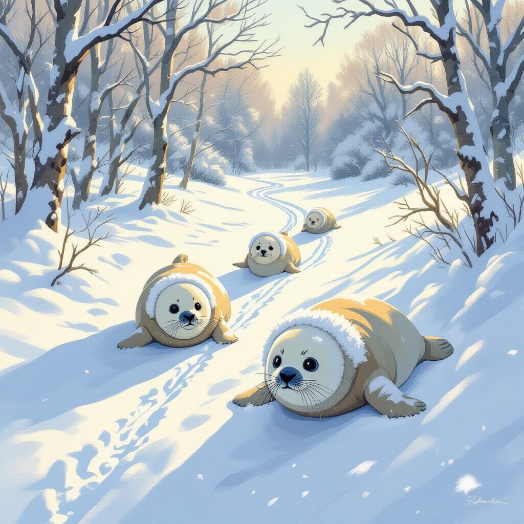 Seal-like Critters Glide Through a Dreamy Winter Landscape