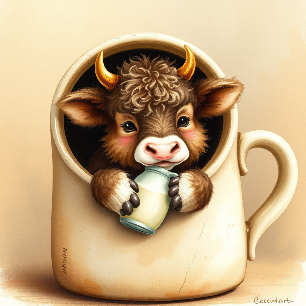Fluffy Calf in Mug: Whimsical Storybook Illustration