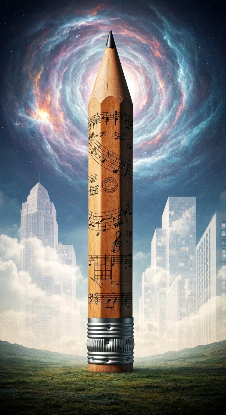 Surreal Ancient Pencil Monument in Dreamlike Nebula Landscap...