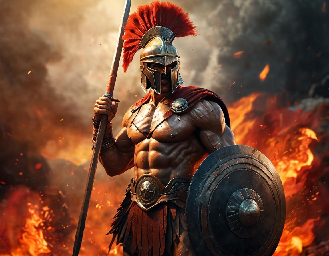Fierce Spartan Warrior Engulfed in Flames