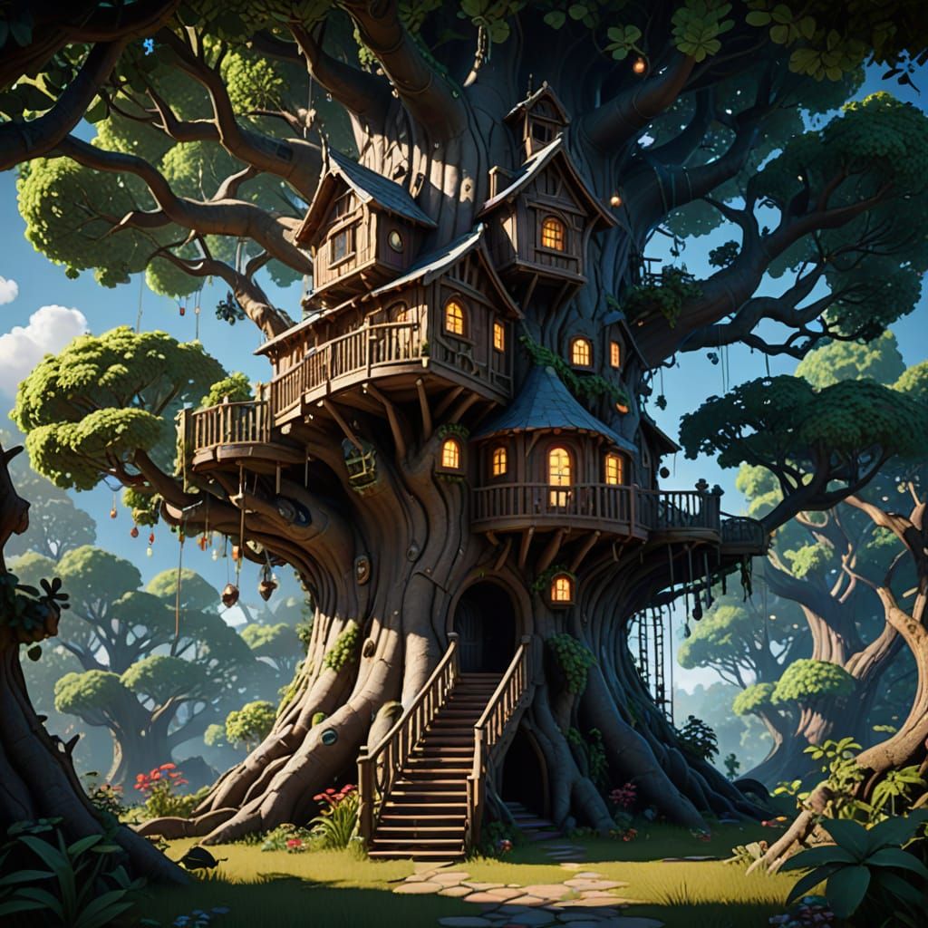 Whimsical Treehouse in a Celestial Giant