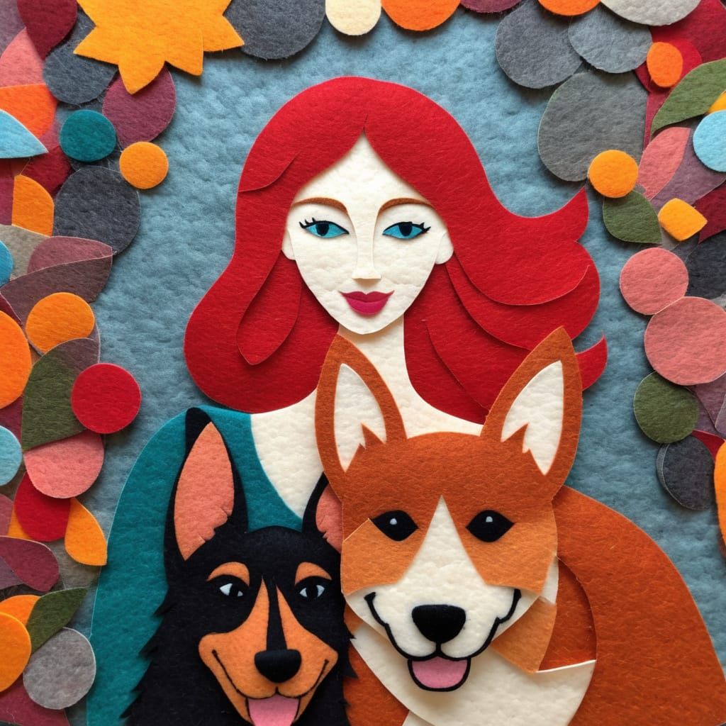 Felt Collage of Woman with German Shepherd