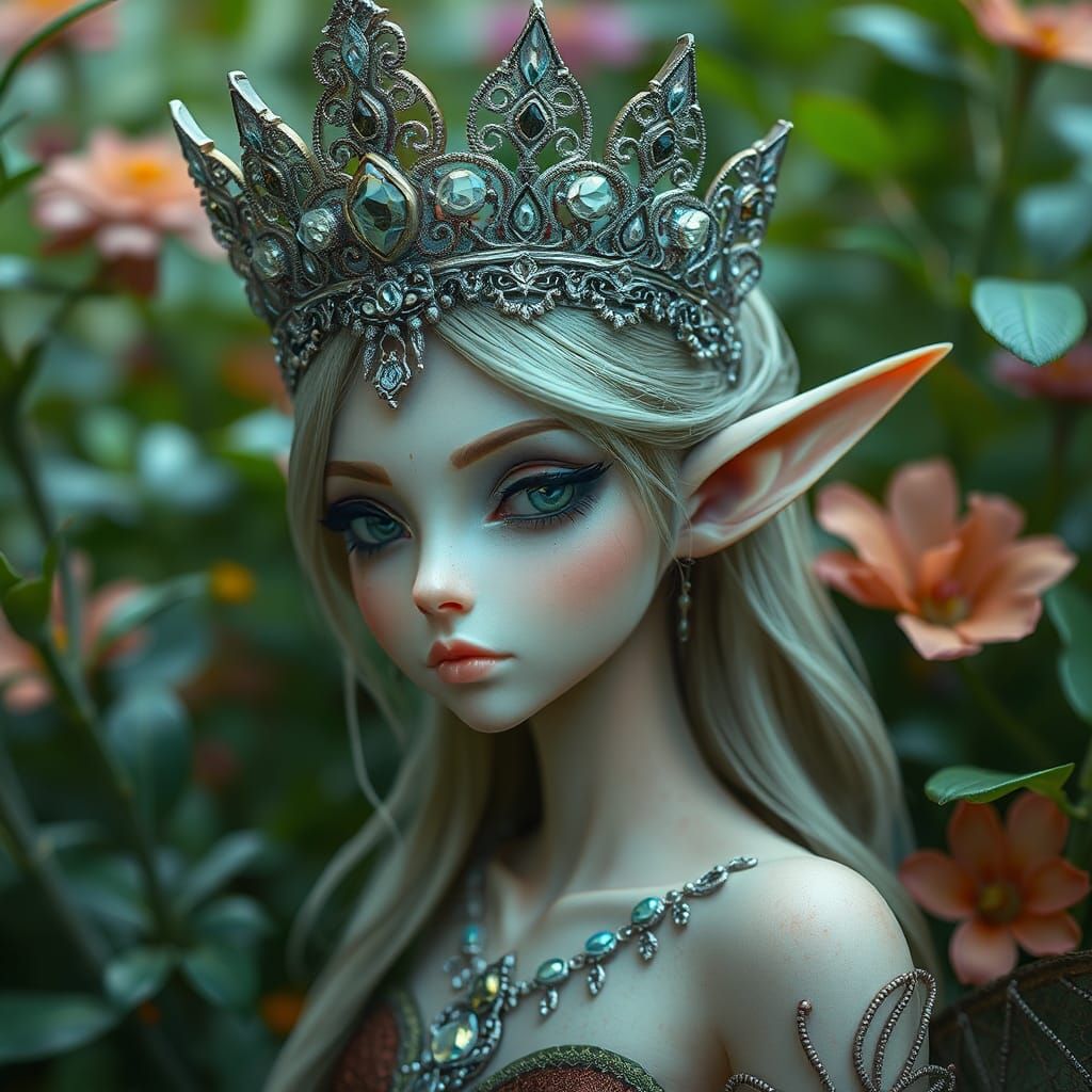 Fairy Elf Queen with Crystal Crown and Foliage