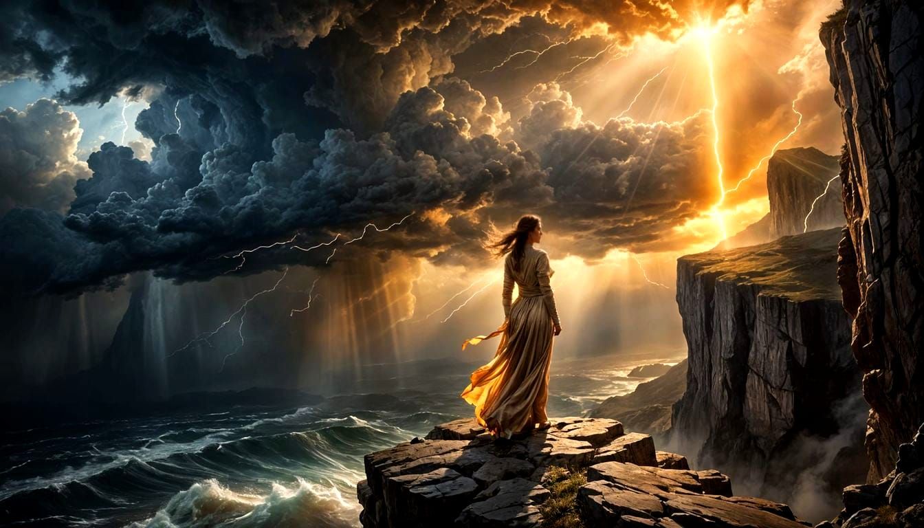 Lone Woman at Cliff Edge in Dramatic Storm