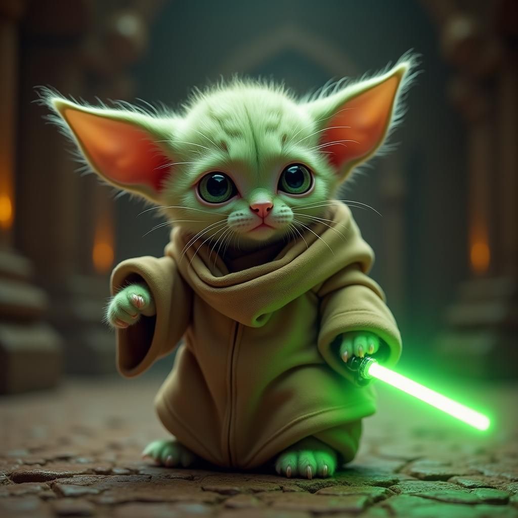 an adorable animated with cute eyes kitten, wearing a yoda f...