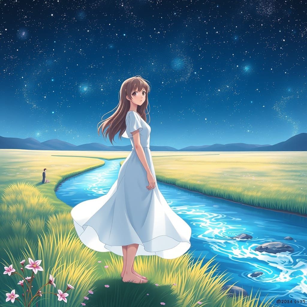 Anime Woman by River Under Starry Sky