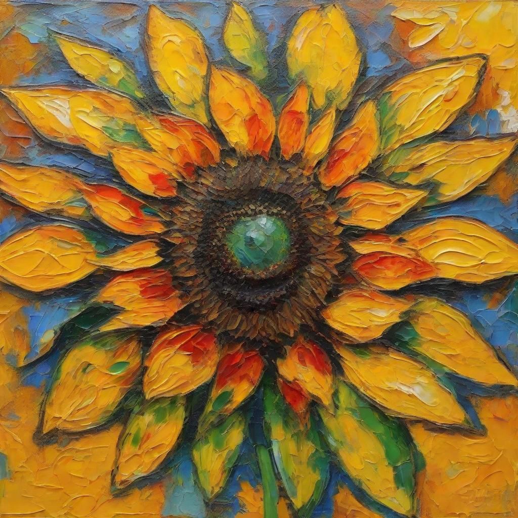 Bee on Sunflower in Folk Art Neo-Expressionism Style