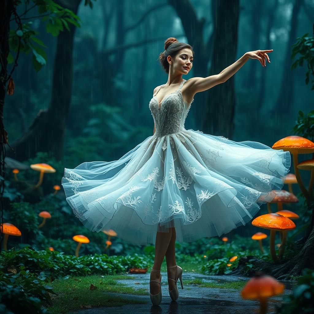 Ballerina Dancing in Mystical Forest, Dreamlike Concept Art