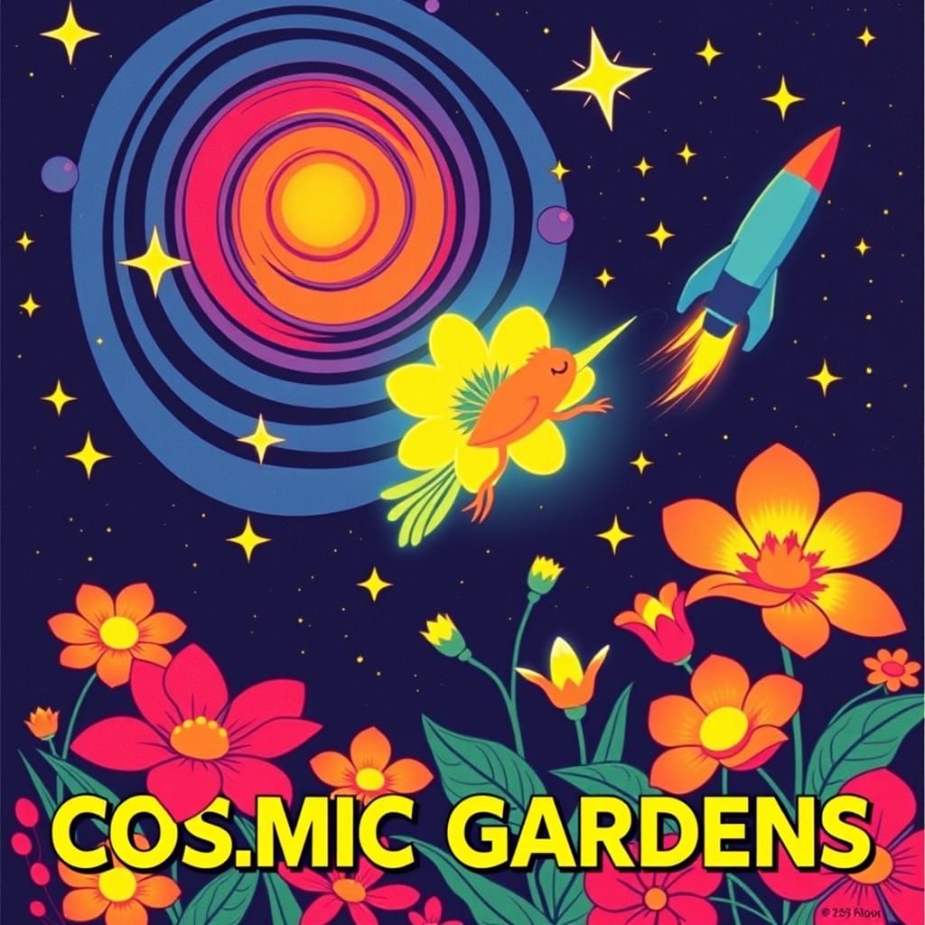 Cosmic Bloom Gardens: 1960s Psychedelic Space Travel Poster