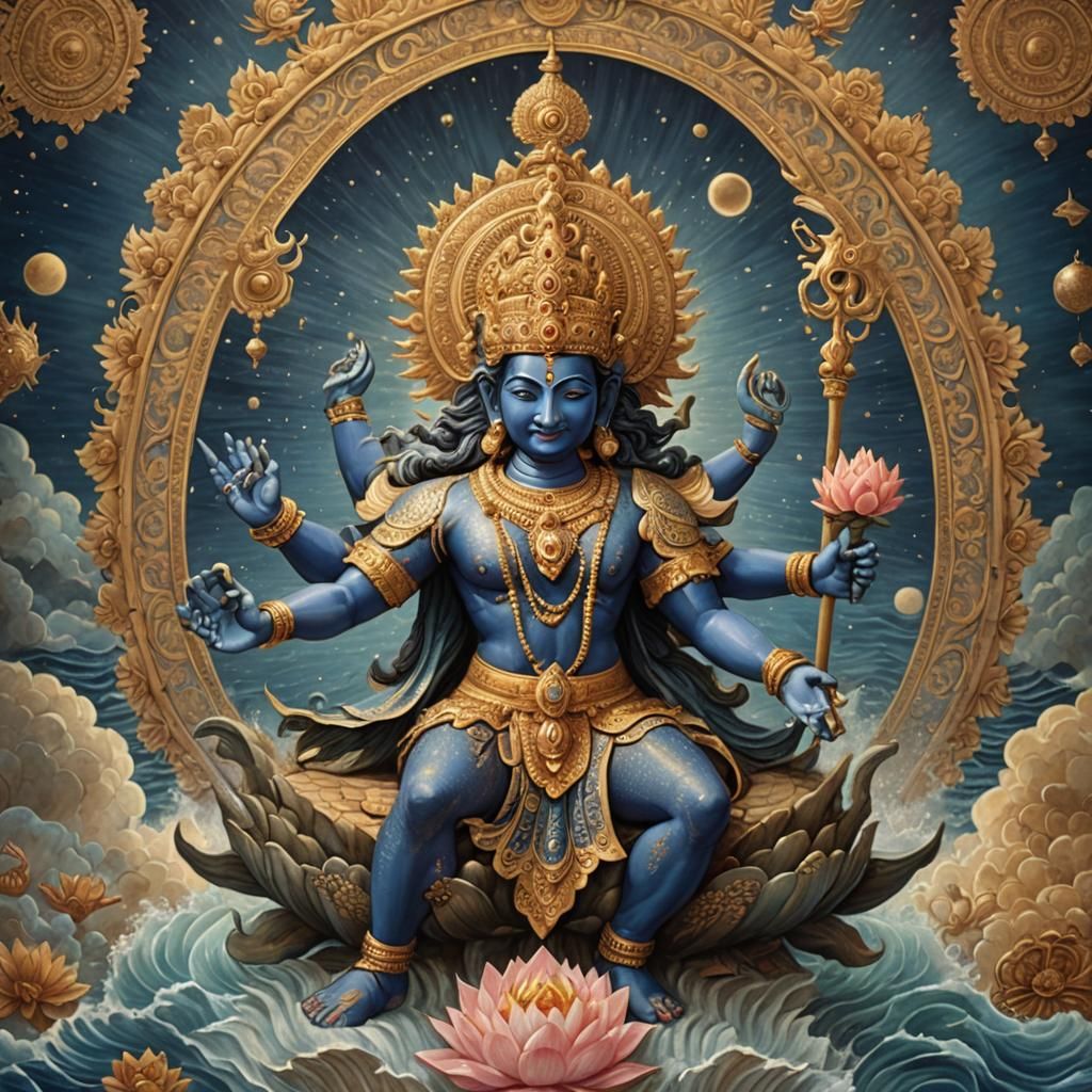 Lord Vishnu on Garuda in Celestial Waters