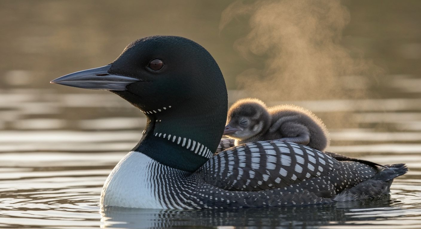 Close-Up Portrait of Loon with Baby in Golden Hour Light