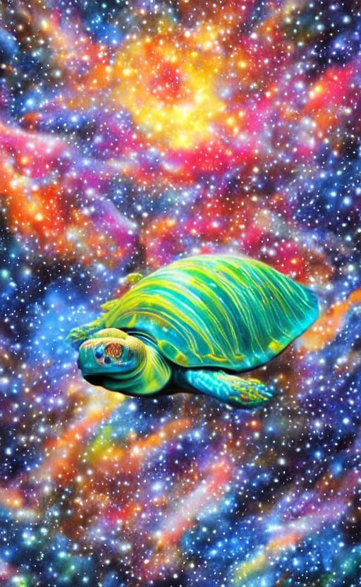 Cosmic Tortoise Explores Nebula in Matte Painting Style