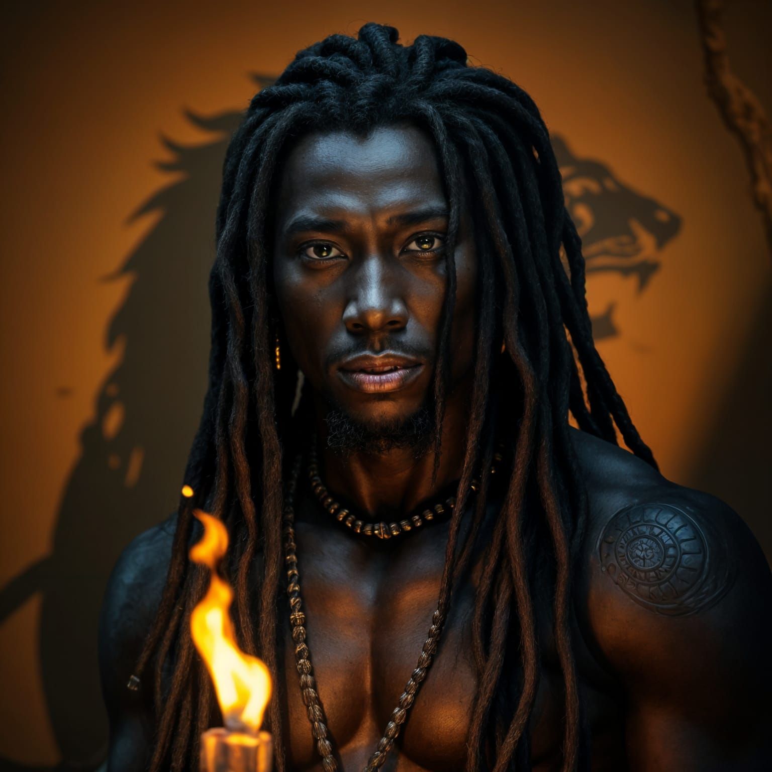 A Black Warrior Lit by Campfire Light, with the Shadow of a...