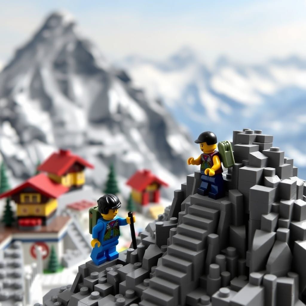 Lego Mountaineers Climb a Lego Alps Mountain