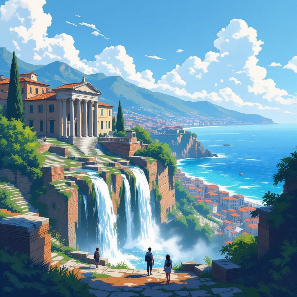 Italian Ruins with Coastline View, Digital Art