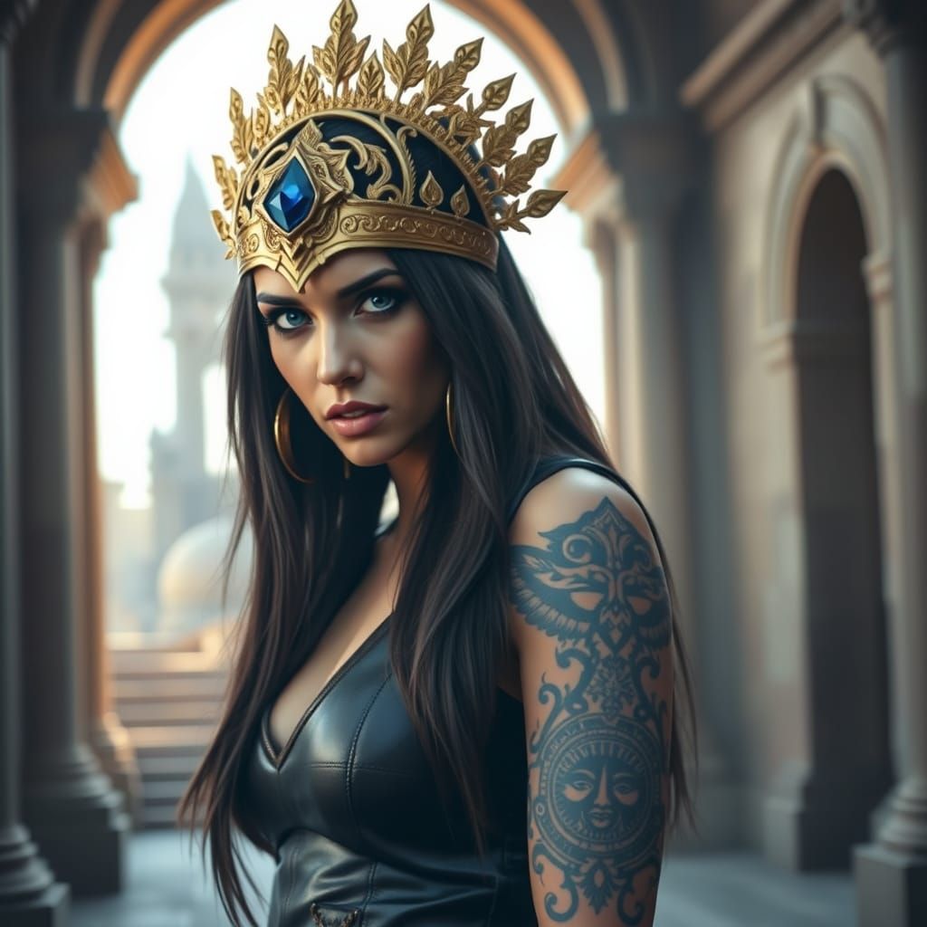 Ancient Goddess in Golden Headdress with Mystical Tattoo