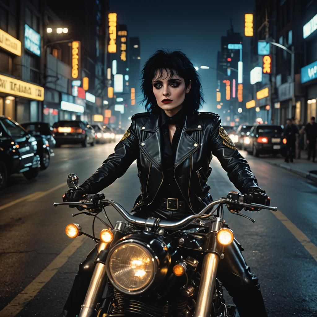 Sci-Fi Motorcycle Policewoman on Night Highway