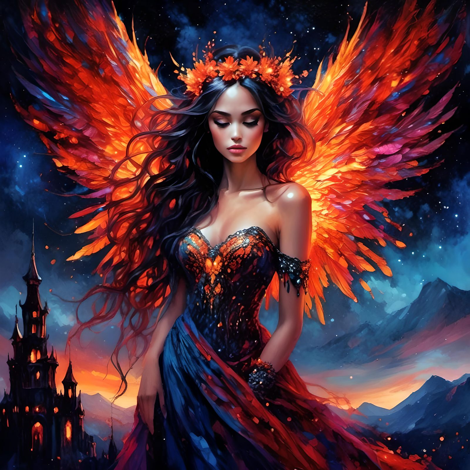 Mystical Fire Fairy with Flaming Wings at Night