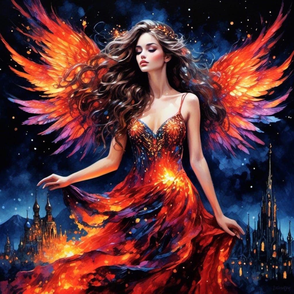 Mystical Fire Fairy with Flaming Wings in Watercolor