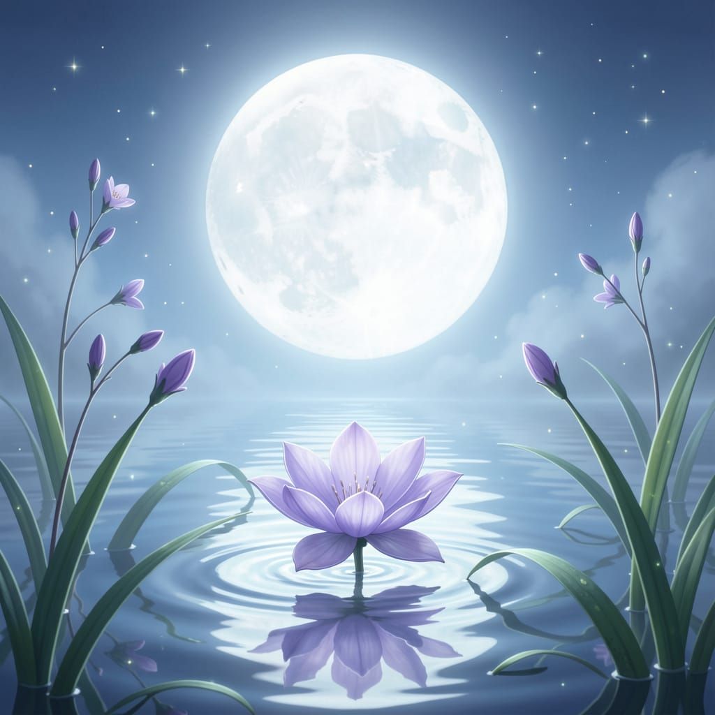 Luminous Moonlit Night With Floating Purple Flower