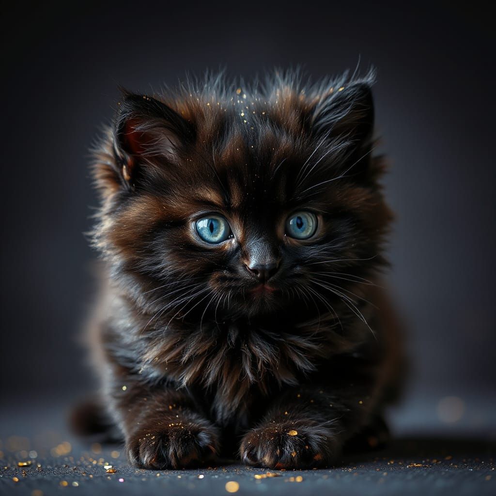 Guilded Black Kitten with Gold Glitter, Hyperrealistic Image