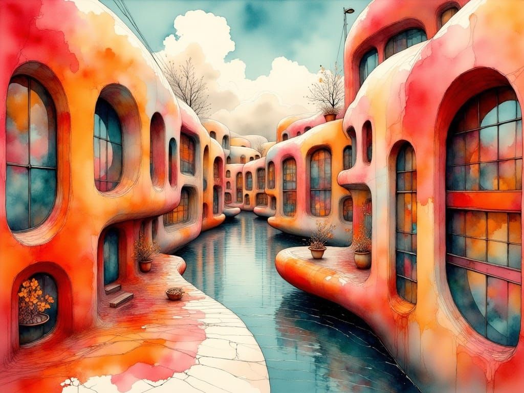 Surreal Futuristic Corridor with Vibrant Buildings