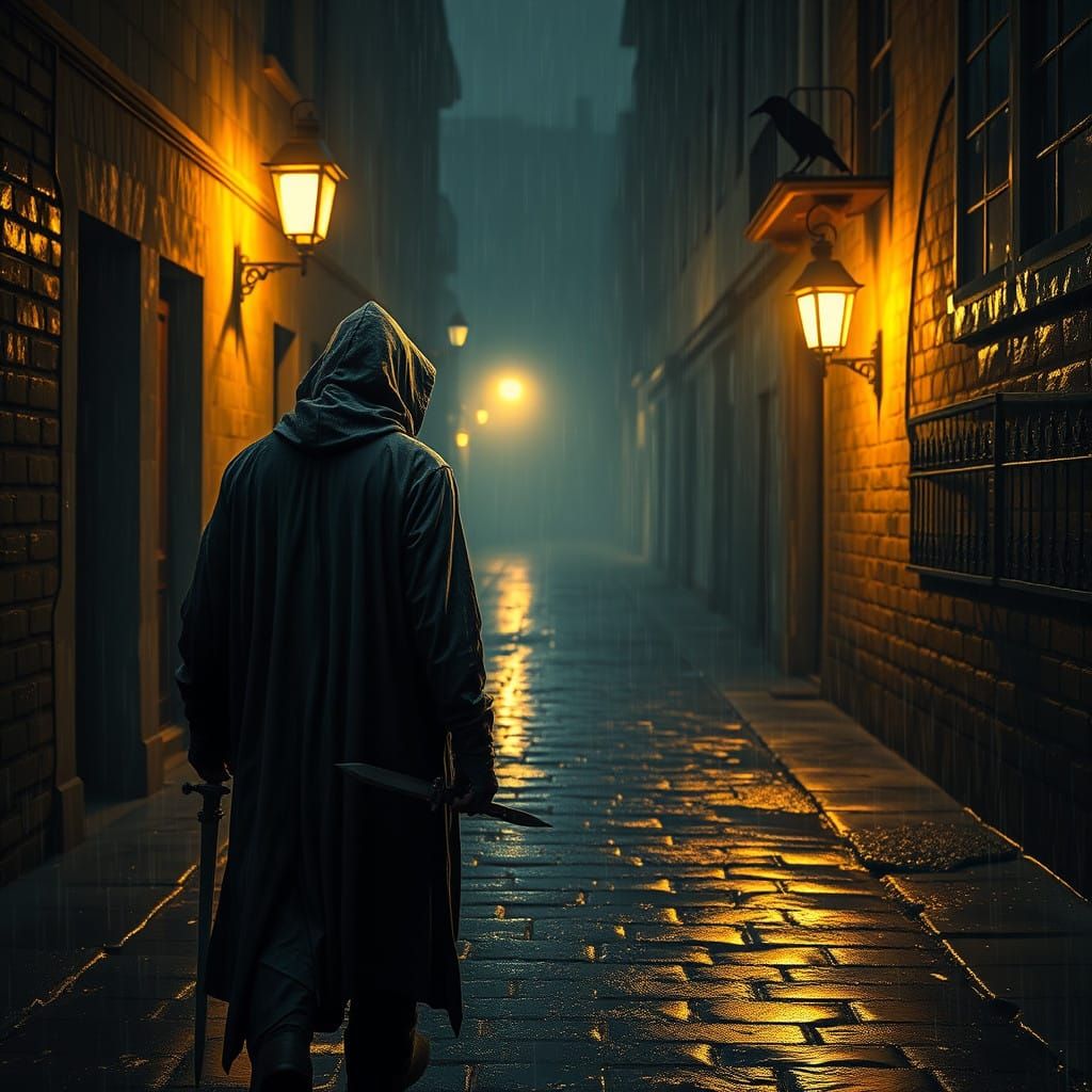 Mysterious Figure Wields Razor-Sharp Blade in Rain-Soaked Al...